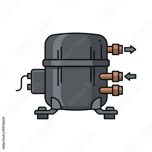 A stylized illustration of a dark gray compressor with copper fittings, indicating input and output flow. It sits on a four-footed base with a black electrical connection.