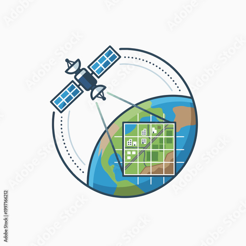 Satellite orbiting Earth, scanning a grid-like map showing buildings and roads. Technology, mapping, and global data collection.