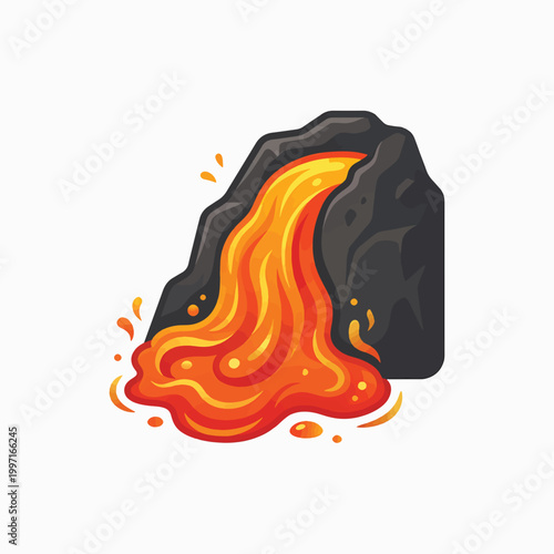 A stylized illustration of black volcanic rock with bright orange and yellow lava flowing out and splashing.