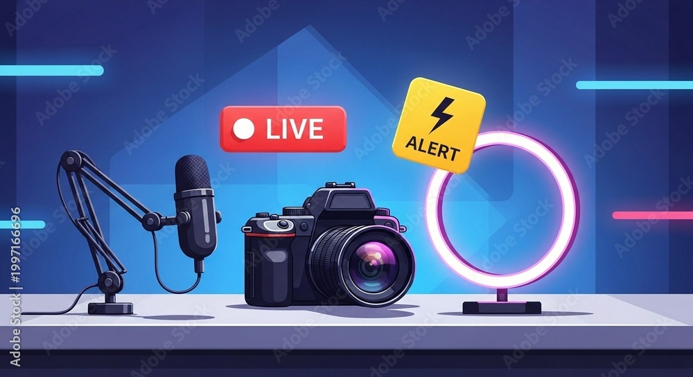 Naklejka premium Professional Live Stream Broadcast Setup with Alert Notification and Neon Lights for Online Content Creation