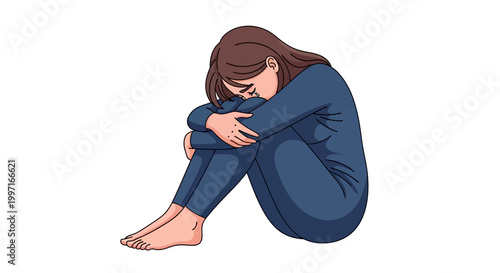 Illustration of a sad woman sitting alone with her arms wrapped around her knees on a plain white background.