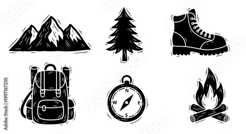 Vintage engraved hiking and camping adventure icon set