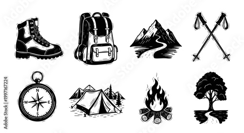 Vintage engraved hiking and camping adventure icon set