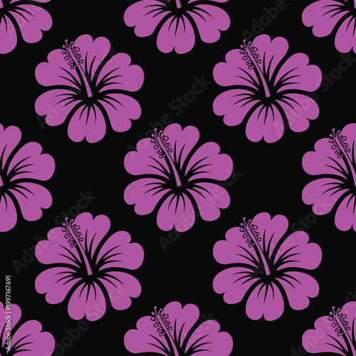 Purple hibiscus flowers in seamless pattern on black background