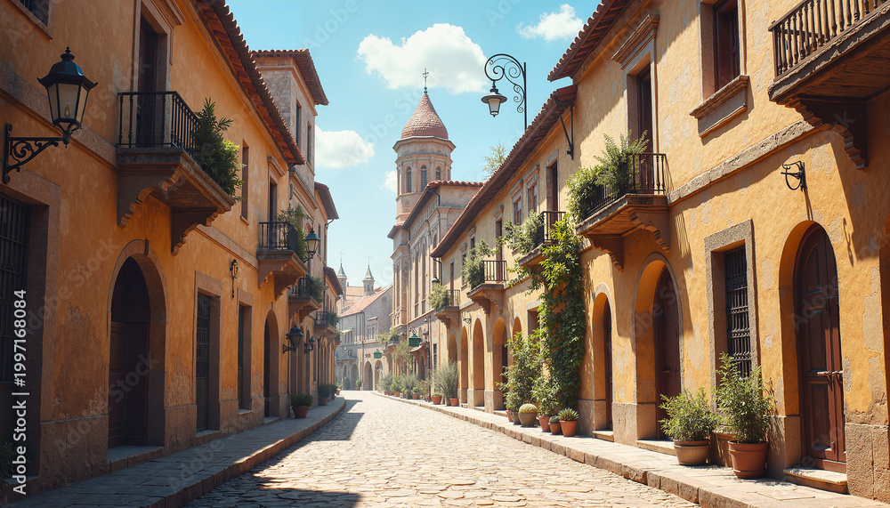 Fototapeta premium Charming European street scene on sunny day, shared history theme