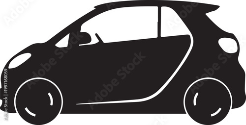 Black car silhouette, smart car icon, vehicle shape, side view