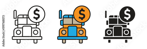 Vector icon collection of a heavy truck and dollar coin, signifying shipping costs, logistics pricing, transportation expenses, freight budgeting, and commercial vehicle investment or sales.