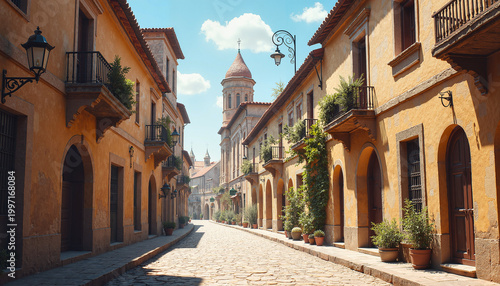 Charming European street scene on sunny day, shared history theme