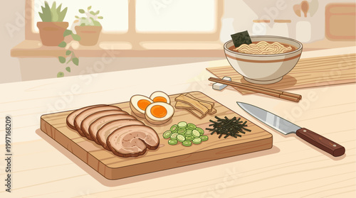 A flat lay illustration of ramen ingredients including sliced pork, ramen egg, seaweed, and scallions arranged on a wooden cutting board with a bowl of ramen in the background.