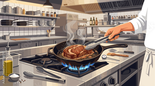 A chef's hand uses tongs to turn a thick, juicy steak sizzling in a cast iron pan on a gas stove in a professional kitchen with stainless steel surfaces.