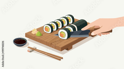 A hand uses a knife to slice a maki sushi roll on a wooden platter with soy sauce and chopsticks on the side.