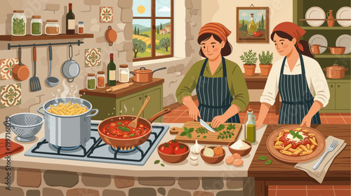 Two women are happily preparing a delicious Italian meal in a charming, rustic kitchen with a view of rolling hills.