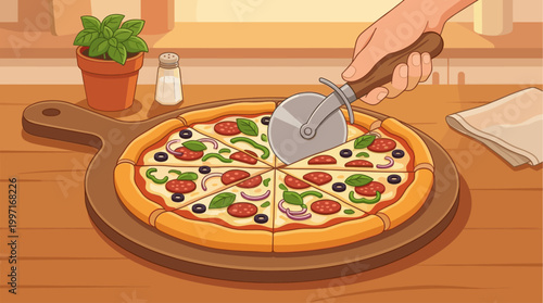 A hand uses a pizza cutter to slice a delicious pepperoni, onion, and olive pizza on a wooden cutting board with a basil plant nearby.