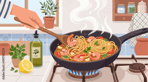 A hand stirs pasta and shrimp with a wooden spoon in a sizzling pan on a gas stove, surrounded by fresh ingredients and kitchen decor.