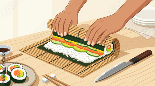 Close-up of hands expertly rolling fresh sushi using a bamboo mat, filled with rice, salmon, cucumber, and avocado, with finished rolls nearby.
