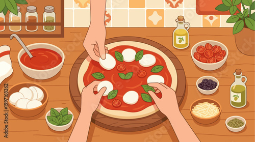 Top down view of hands placing mozzarella and basil onto a pizza with tomato sauce, surrounded by fresh ingredients on a wooden table.