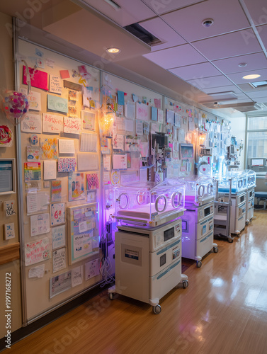 NICU celebration corner featuring colorful cards and milestone boards with glowing lights enhancing positivity and support for parents and newborns