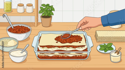 A hand is seen adding a layer of meat sauce to a partially assembled lasagna in a baking dish, surrounded by ingredients on a wooden counter.