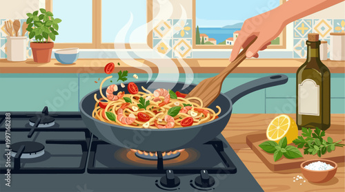 A hand stirs pasta with shrimp and tomatoes in a hot pan on a stove, with a coastal view through the window.