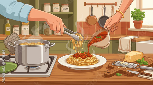 A pair of hands prepare a delicious pasta dish in a warm, inviting kitchen, showing the process from boiling spaghetti to adding sauce.