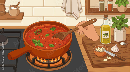 A hand stirs a simmering pot of rich tomato sauce on a gas stove, surrounded by fresh ingredients like basil, garlic, and olive oil in a warm kitchen setting.