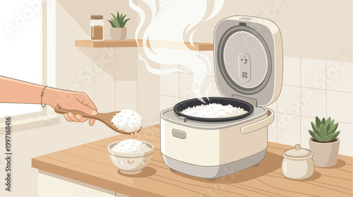 A close-up of a hand holding a wooden spoon filled with freshly cooked rice, scooping it into a decorative bowl, with a steaming rice cooker in a warm kitchen setting.