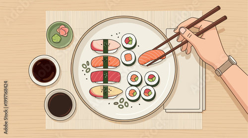 A hand wearing a watch uses chopsticks to pick up a salmon sushi piece from a white plate filled with various sushi and maki rolls on a bamboo mat.