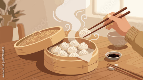 A hand uses chopsticks to pick up a steaming hot dumpling from a bamboo steamer basket filled with dim sum, set on a wooden table with soy sauce.