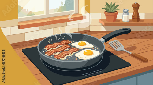 A stylized illustration shows bacon and eggs sizzling in a frying pan on a stovetop, with a spatula, salt, pepper, and a plant nearby, evoking a cozy breakfast scene.