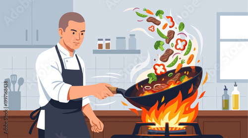 A skilled male chef in a white uniform and dark apron expertly stirs a wok filled with colorful vegetables and sizzling steak over an open flame.