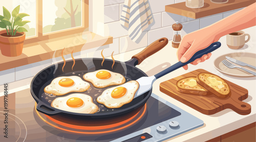 A hand uses a spatula to flip fried eggs in a cast iron pan on a modern induction stove, with toast and coffee nearby, bathed in warm morning light.