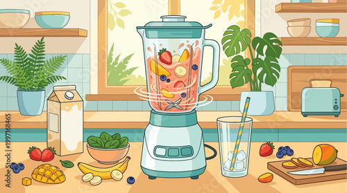 A vibrant, stylized illustration depicts a blender actively mixing fruits like strawberries, bananas, blueberries, and mango into a refreshing smoothie, with ingredients and kitchen elements around.