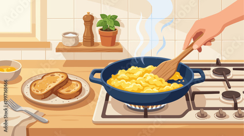 A person's hand stirs fluffy scrambled eggs in a blue frying pan on a gas stove with toasted bread and raw eggs nearby.