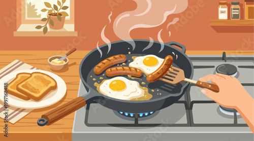 A hand flips sausages and eggs in a frying pan on a gas stove, with toast and butter ready for a delicious breakfast meal.