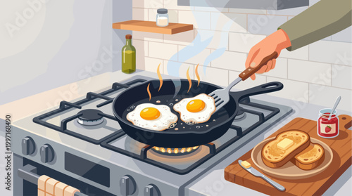 A stylized illustration shows a person's hand using a spatula to flip fried eggs in a cast iron skillet on a gas stove, with toast and jam nearby.
