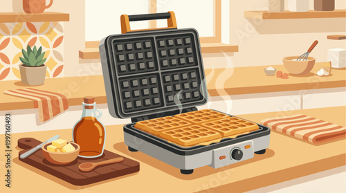 A warm and inviting scene of a waffle maker cooking golden waffles in a cozy kitchen setting, perfect for breakfast or brunch themes.