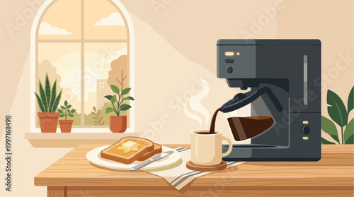 A modern coffee maker brews hot coffee next to a plate of buttered toast and a potted plant in a bright, cozy kitchen setting.
