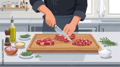 A chef in a dark uniform precisely slices raw beef steak on a wooden cutting board, surrounded by fresh herbs, onions, garlic, olive oil, and salt in a clean kitchen.