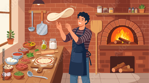 A happy man in an apron tosses pizza dough in a rustic kitchen with a wood-fired oven and fresh ingredients, perfect for food blogs.