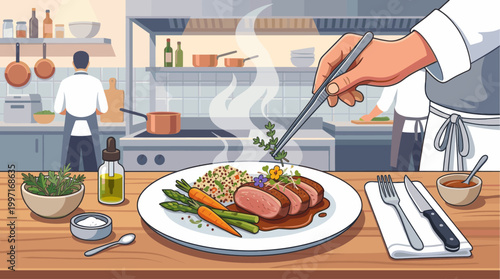 A chef meticulously garnishes a gourmet dish with fresh herbs and edible flowers in a professional kitchen, highlighting culinary art and fine dining.