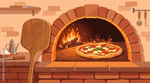 A delicious pizza bakes in a glowing brick oven with burning logs, ready to be served with a pizza peel and ingredients nearby.