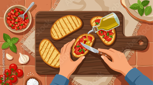 Top view of hands preparing bruschetta, pouring olive oil onto grilled bread topped with chopped tomatoes and basil.