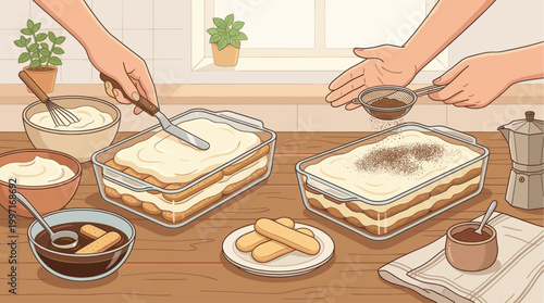 Two pairs of hands prepare a delicious tiramisu dessert, with ingredients like ladyfingers, cream, and cocoa powder spread across a wooden table.