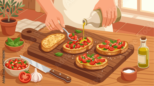 Hands preparing fresh bruschetta with tomatoes, basil, and olive oil on a rustic wooden cutting board, showcasing Italian cuisine preparation.