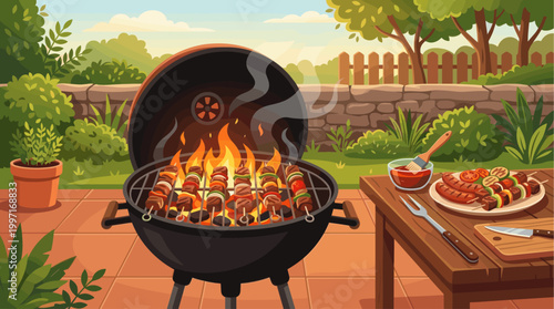 A lively outdoor scene shows a black barbecue grill filled with flames and smoking meat and vegetable skewers, with a plate of grilled food and sauce nearby.