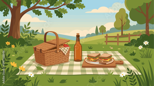 A cheerful illustration shows a wicker picnic basket, sandwiches, and a bottle of drink set on a checkered blanket in a sunny park.