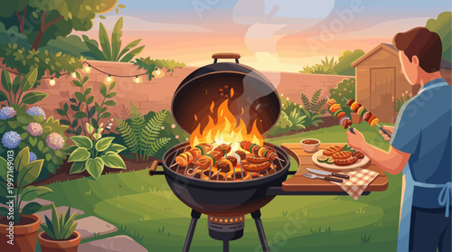 A man in an apron grills meat and vegetable skewers over an open flame in a lush backyard during a warm, colorful sunset.