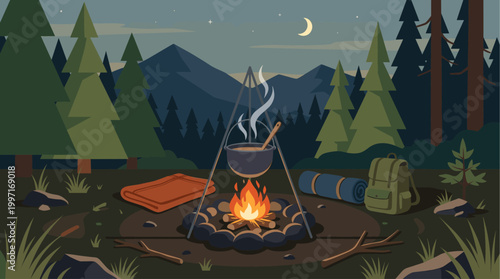 A cozy campfire crackles in a forest clearing at night, with a pot of food cooking over the flames and camping gear laid out.