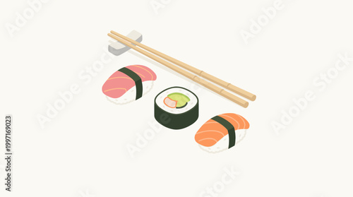 A minimalist illustration featuring a sushi roll and two pieces of nigiri sushi, with chopsticks resting on a chopstick holder against a light background.