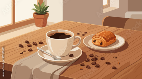 A still life illustration of a steaming cup of coffee and a chocolate croissant on a wooden table next to a potted plant and a window.